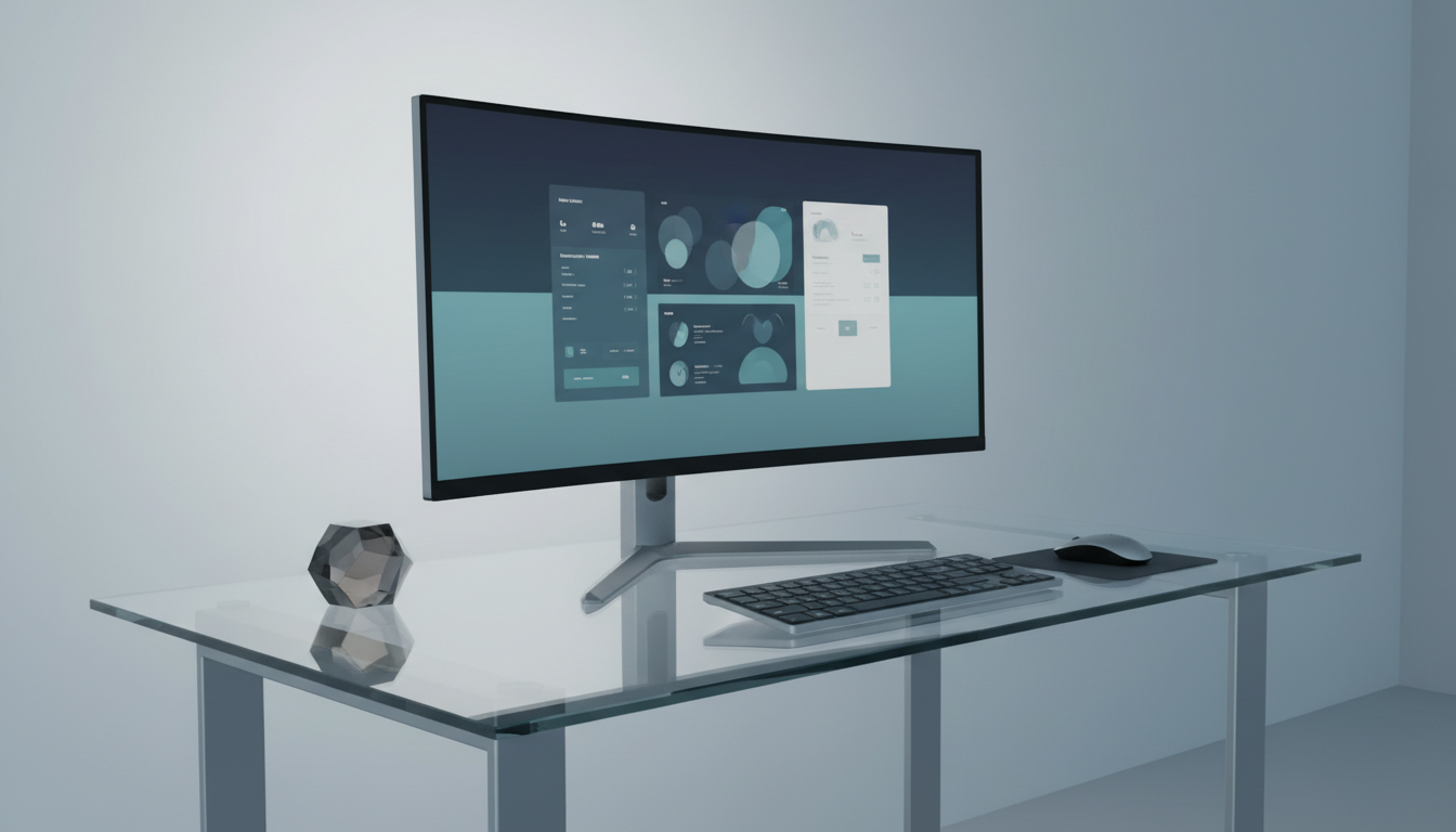 An ultra-modern computer workstation with a thin, bezel-less monitor displaying a minimalist interface mockup in cool, muted tones. The desk is crafted from brushed aluminum and clear glass, set against a soft, blurred gradient wall. Elegantly placed next to a small geometric sculpture, the scene is illuminated by indirect, ambient lighting which bathes the workspace in a gentle, diffused glow, creating faint, elongated shadows. Photographed from an off-center, three-quarter angle for asymmetrical balance, the mood is focused yet serene, suggesting intelligence and refined digital creativity central to a forward-thinking design studio.