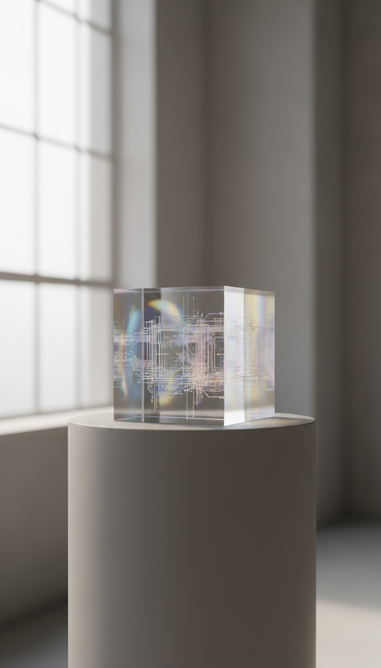 A sleek, transparent acrylic cube featuring intricately etched layers representing digital patterns, set atop a matte gray pedestal in a minimalist studio environment. Subtle gradients wash across the cube, catching soft, diffused daylight from a high, frosted window, creating gentle highlights and understated reflections. The composition is eye-level, perfectly centered, with a shallow depth of field that blurs out the neutral-toned background. The mood is sophisticated and contemplative, capturing a sense of technological elegance and precision—ideally reflecting the refined, future-focused identity of a visual design agency. The overall effect is photographic realism with a muted palette and minimalist aesthetic.