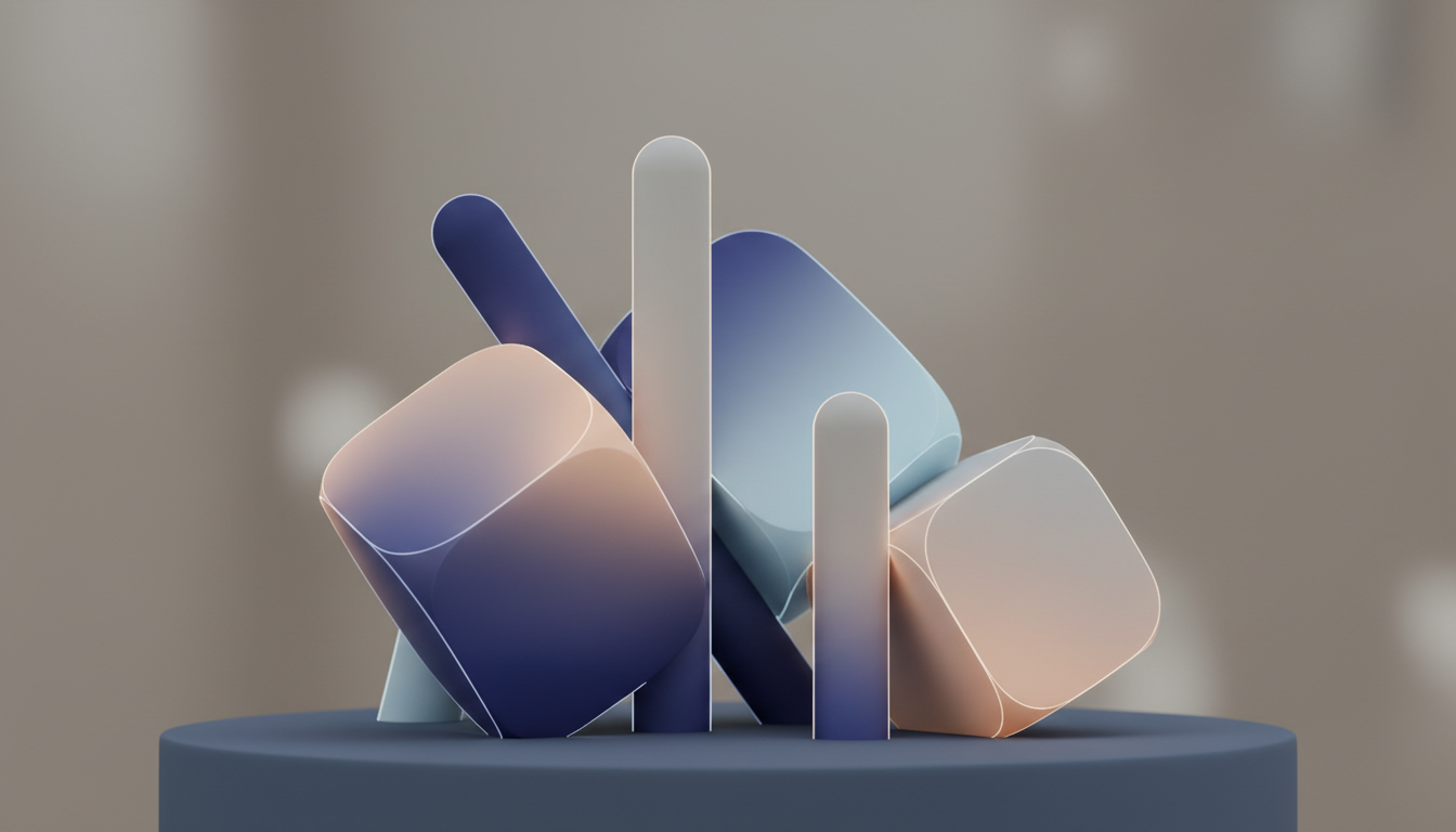 A striking, hyper-realistic 3D rendering of abstract geometric forms—rounded cubes and elongated prisms—arranged on a matte, slate-blue plinth. The forms have velvety, muted surfaces transitioning into delicate ombre gradients, enhanced by precise rim lighting that accentuates their contours without overpowering the scene. The environment is minimal, featuring a soft, out-of-focus backdrop in cool taupe hues. Captured from a low-angle viewpoint, the composition uses negative space to impart a sense of depth. This image exudes a futuristic, enigmatic ambiance, echoing the advanced and elegant nature of the design agency’s 3D capabilities.