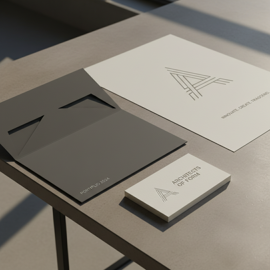 A set of meticulously arranged brand identity materials, including a heavyweight letterpress business card, a matte-finish presentation folder, and a minimalist A3 poster, displayed on a smooth concrete table. Gentle, natural side light from an unseen window creates subtle gradients across the paper textures, emphasizing the embossed details and soft shadow play. The image is shot from a slightly elevated angle with sharp focus throughout, lending an elegant, organized atmosphere. The muted color scheme and sophisticated composition evoke reliability and innovation, perfectly in line with a premium design agency's visual standards.